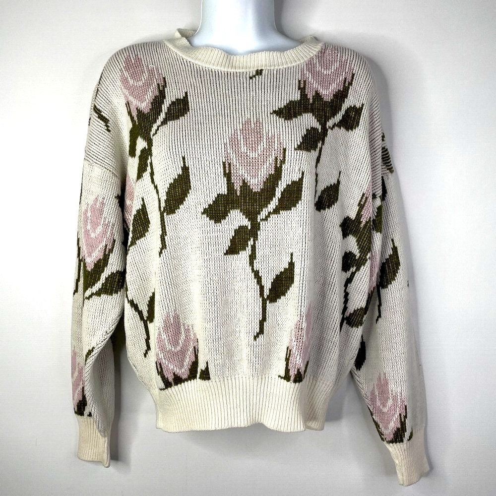 Vintage 80s Major Motion White Lavender Needlepoint Rose Jumper Sweater
